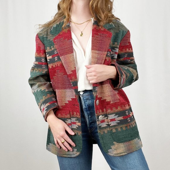 Vintage Jackets & Blazers - Stunning Vintage Oversized Western Bohemian Blazer Jacket Coat Boho Aztec Tribal